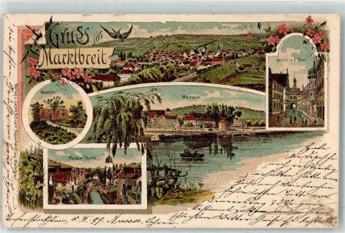 97340 W8713 Marktbreit 1899 Lithographie Kapelle Weißer Turm Mainquai Rathaus Tor