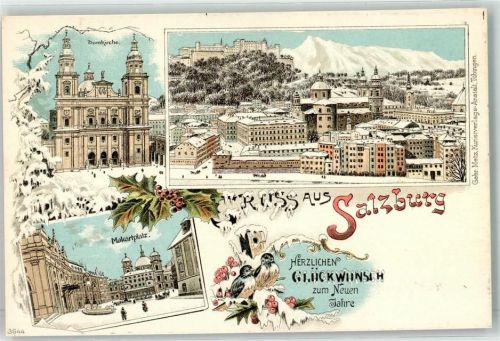Salzburg Domkirche Makartplatz Glückwunsch Neujahr Winterlitho Gebrauchsspuren
