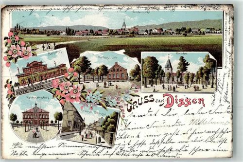 Dissen 1903 Bahnhof Volksschule Kirche Rektoratschule Große Straße Bahnpost Osnabrück - Bielefeld Zug 601