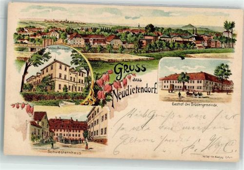 99192 O5103 Neudietendorf 1911 Lithographie Mädchen Pensionat Gasthaus der Brüdergemeinde Schwesternhaus