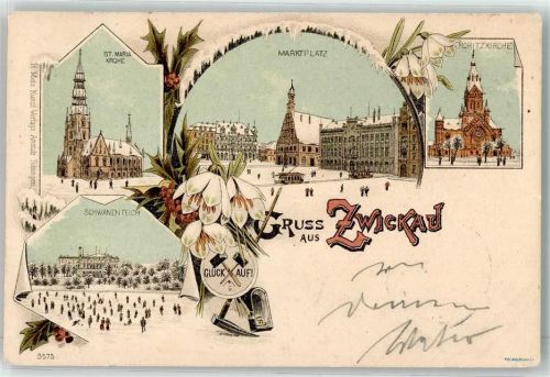 O9500 Zwickau St. Maria Kirche Marktplatz Moritzkirche Schwanenteich Winterlitho 1897