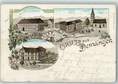 79211 W7819 Denzlingen 1900 Lithographie Gasthaus Zum grünen Baum Schulhaus Kirche Bahnhofsgasthaus Zum grünen Baum