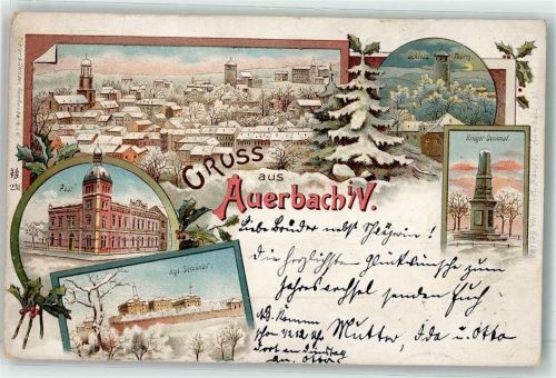 O9700 Auerbach , Vogtl Post Kgl. Seminar Kriegerdenkmal Schloss Turm Winterlitho 1898