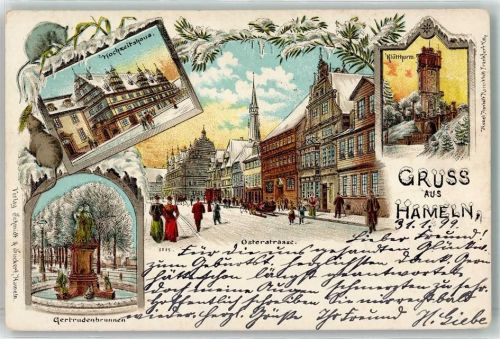W3250 Hameln Hochzeitshaus Klütturm Gertrudenbrunnen Osterstraße Ratten Winterlitho 1899