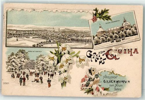 O5800 Gotha , Thür Museum mit Parkteich Schloss Friedenstein Glückwunsch Neujahr Winterlitho 1896