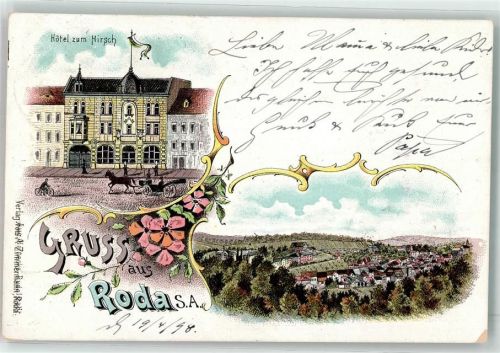 35119 W3559 Roda , Hess 1898 Lithographie Hotel Zum Hirsch Kutsche Bahnpost Saalfeld Zug 60