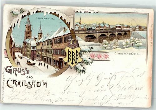 W7180 Crailsheim Langestraße Pferdeschlitten Eisenbahnbrücke Eisenbahn Winterlitho 1898