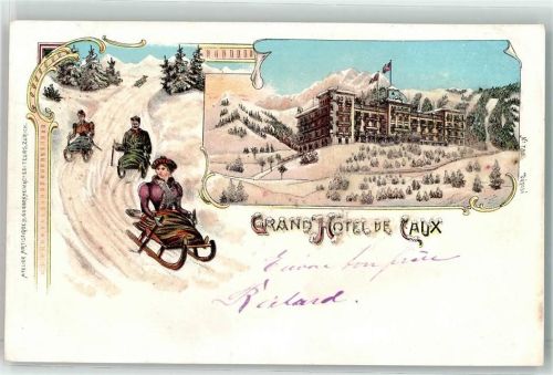 Caux Schlitten Grand Hotel Mit Glimmerauflage Winterlitho 1900