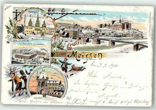 O8250 Meißen , Sachs Rathaus Kgl. Porzellan Manufaktur Burgtor Brücke Winterlitho 1900