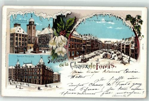 La Chaux-de-Fonds Rathaus Place de Hotel de Ville Temple National Banque Federale Bank Place Neuve-Le Marche Marktszene Mit Glimmerauflage Winterlitho 1901