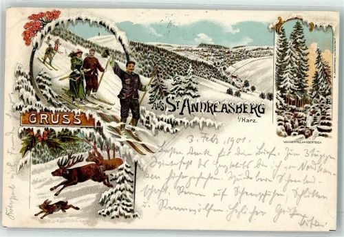 W3424 St. Andreasberg Skifahrer Jagdtiere Hirsch Wasserfall am Oderteich Bahnpost Schwarzfeld - Andreasberg Winterlitho 1901