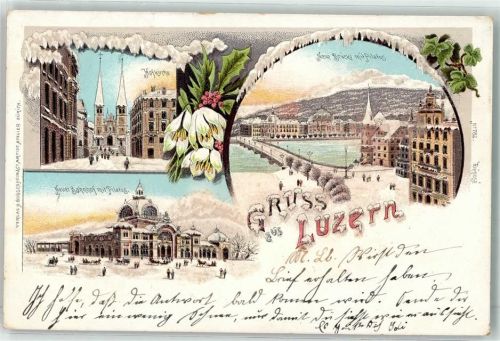 Luzern Lucerne Hofkirche Neue Brücke mit Pilatus Neuer Bahnhof Mit Glimmerauflage Winterlitho 1899