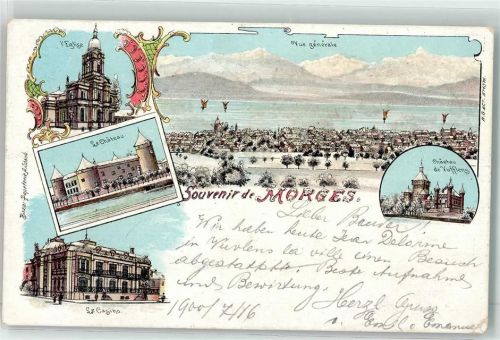 Morges Kirche Schloss Casino Chateau de Vufflens Mit Glimmerauflage Winterlitho 1900 Gebrauchsspuren