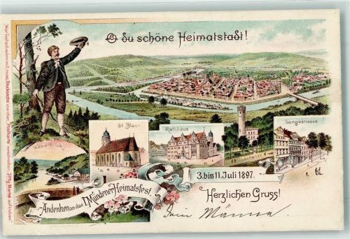 Münden 1897 1. Heimatfest Weserblick St. blasii Rathaus Langestraße Privatganzsache Bahnpost Hannover - Basel Zug 103