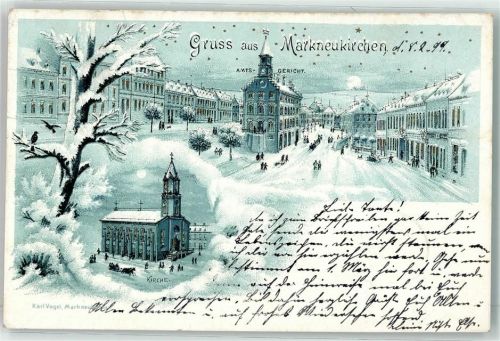 O9659 Markneukirchen Amtsgericht Kirche Pferdeschlitten Winterlitho 1899 Lithographie / Mondschein