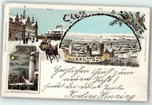 O5210 Arnstadt Markt Pferdeschlitten Turm und Ruine Neideck Winterlitho