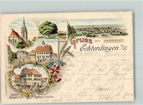 70771 W7022 Echterdingen 1898 Lithographie Kirche Linde Rathaus Gasthaus Zum Hirsch Post F. Bayha Posthalter