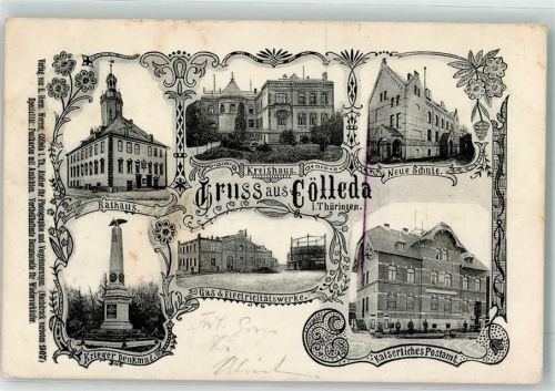 99625 O5234 Kölleda 1908 - Rathaus Kriegerdenkmal Kreishaus Gas- und Elektrizitätswerk Neue Schule Kaiserl. Postamt
