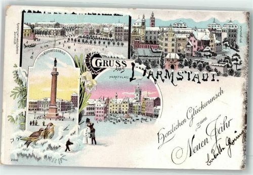 W6100 Darmstadt Ludwigssäule Marktplatz Glückwunsch Neujahr Winterlitho 1896
