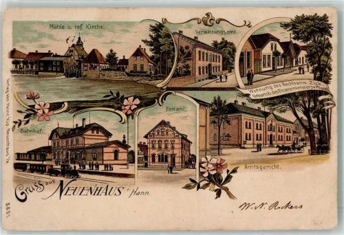 Neuenhaus 1901 Mühle Ref. Kirche Verwaltungsamt Wohnung des Rechtsanw. Zick Geburtshaus des Finanzministers Miguel Bahnhof Eisenbahn Postamt Amtsgericht