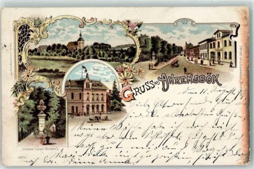 23623 W2405 Ahrensbök 1897 Lithographie Kirche Post Denkmal Kaiser Wilhelm I.