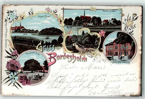Bordesholm 1897 Insel Kirche Allee am See Hotel Alter Haidkrug Große Linde Bahnpost Hamburg - Kiel Zug 52