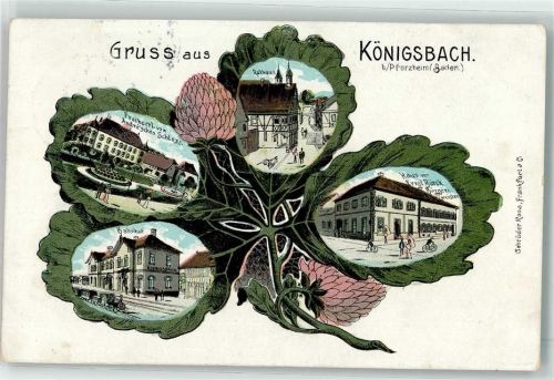 Königsbach-Stein 1907 Freiherrl. von Andre'sches Schloss Bahnhof Eisenbahn Rathaus Haus Ernst Bürck Bürgermeister Kleeblatt Passepartout