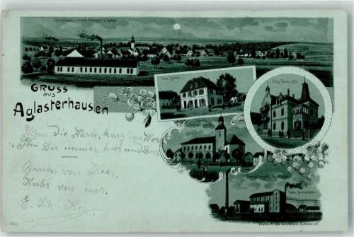 74858 W6955 Aglasterhausen 1900 Lithographie / Mondschein Haus Otto Grimm Villa Ruedinger Ev. und Kath. Kirche Dampfziegelei