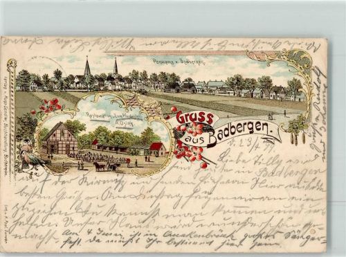 49635 W4574 Badbergen 1899 Lithographie Gasthaus Zum Pferdestall A. Osing