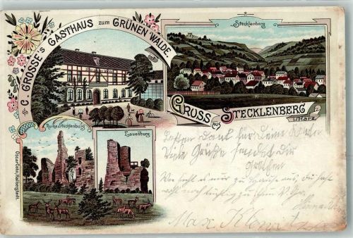 06507 O4301 Stecklenberg 1900 Lithographie Gasthaus Zum Grünen Walde C. Grosse Ruine Lauenburg