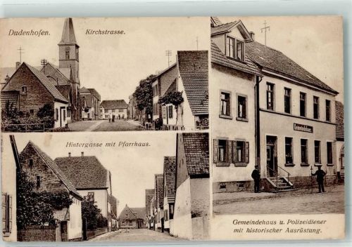 Dudenhofen 1918 Kirchstraße Hintergasse Pfarrhaus Gemeindehaus Polizeidiener Histor. Ausrüstung