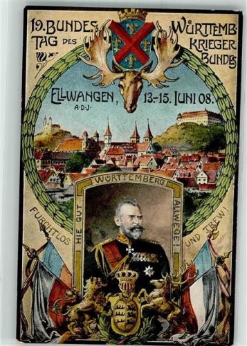 73479 W7090 Ellwangen Jagst - 19. Bundestag des Württemb. Kriegerbundes König Wappen Fahnen Juni 1908