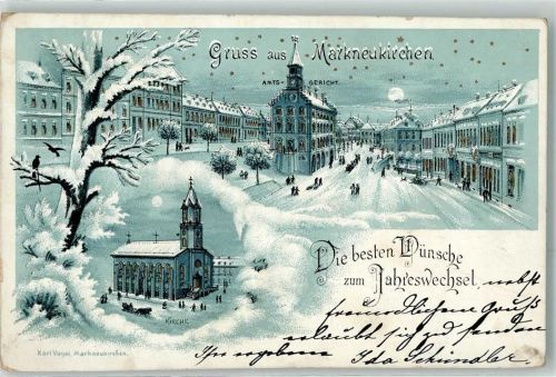 08258 O9659 Markneukirchen 1902 Winterlithographie Amtsgericht Kirche Pferdeschlitten Mondschein Glückwunsch Neujahr