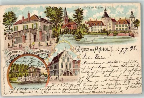 46419 W4294 Anholt , Westf 1898 Lithographie Schloss Teich Gasthaus Peter Jerabeck Schweizerhaus Rathaus