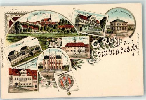 01623 O8260 Lommatzsch Lithographie Post-Schule Post-Telegraphenamt Bahnhof Rathaus Kgl. Amtsgericht Hotel Goldne Sonne