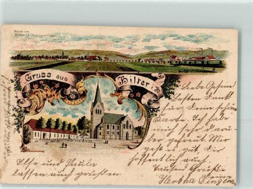 49176 W4517 Hilter am Teutoburger Wald 1904 Lithographie Schule Kirche
