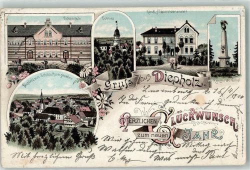 Diepholz 1900 Volksschule Schloss Kgl. Präparandenanstalt Kriegerdenkmal Glückwunsch Neujahr