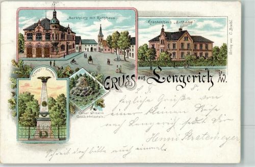 49525 W4540 Lengerich , Westf 1901 Lithographie Marktplatz Rathaus Krankenhaus Bethania Kriegerdenkmal Kaiser Wilhelm Gedächtnisstein