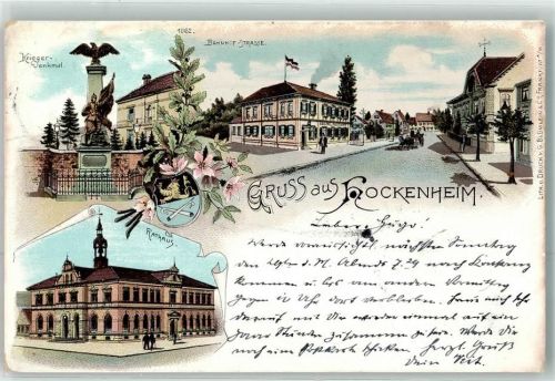 68766 W6832 Hockenheim 1897 Lithographie Kriegerdenkmal Bahnhofstraße Rathaus