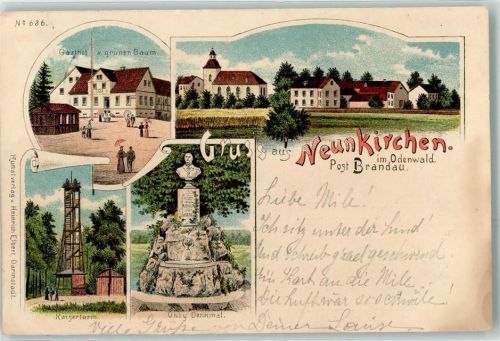 64397 W6101 Neunkirchen , Odenw 1898 Lithographie Gasthaus Zum grünen Baum Kaiserturm Ohly Denkmal