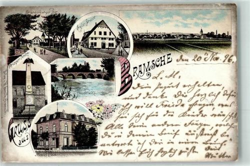 49565 W4550 Bramsche , Hase 1896 Lithographie Brandenburger Tor Große Straße Kriegerdenkmal Hasebrücke Kaiserl. Post