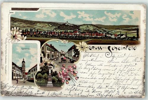 91443 W8533 Scheinfeld Lithographie Kirchstraße Vorstadt Kriegerdenkmal