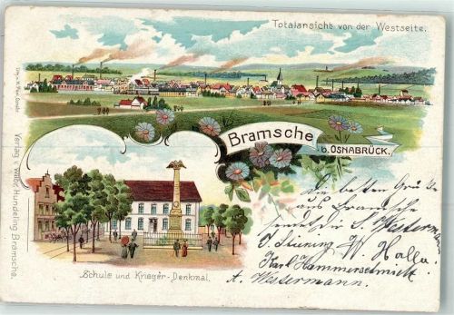 49565 W4550 Bramsche , Hase 1902 Lithographie Schule Kriegerdenkmal Bahnpost Oldenburg - Osnabrück Zug 70