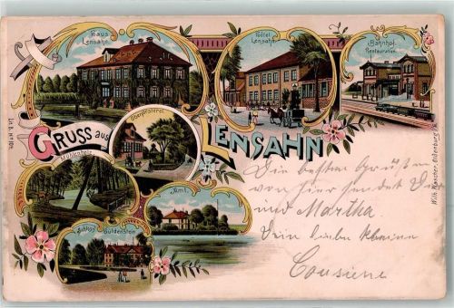 23738 W2432 Lensahn 1904 Lithographie Hotel Wohnhaus Bahnhof Eisenbahn Gasthaus Oberförsterei Amt Mühlenholz Schloss Güldenstein