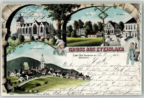 49324 W4520 Laer b Melle, Wiehengeb 1902 Lithographie Steinlaer Kirche Soolbad Am Tieplatz Blomberg Trachten