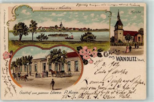 16348 O1292 Wandlitz 1902 Lithographie Kirche Gasthaus Zum goldenen Löwen P. Huwe
