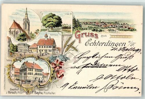 70771 W7022 Echterdingen 1897 Lithographie Kirche Linde Rathaus Gasthaus Zum Hirsch F. Bayha