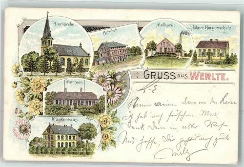 Werlte 1902 Pfarrkirche Bahnhof Molkerei Höhere Bürgerschule Pfarrhaus Krankenhaus