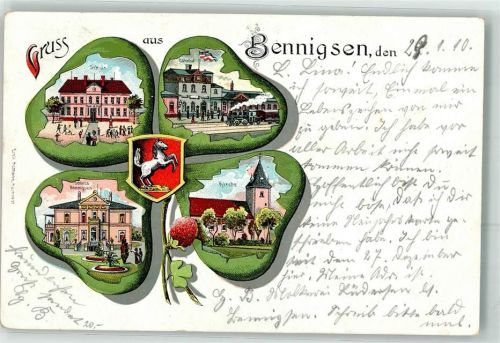 31832 W3257 Bennigsen 1910 Lithographie Schule Bahnhof Eisenbahn Schloss Kirche Wappen Vierblättriges Kleeblatt