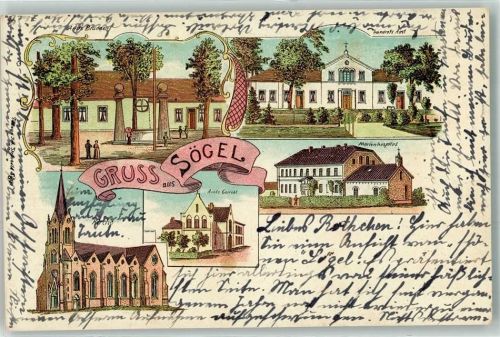 49751 W4475 Sögel 1903 Lithographie Amts Brunnen Landratsamt Kirche Amtsgericht Marienhospital